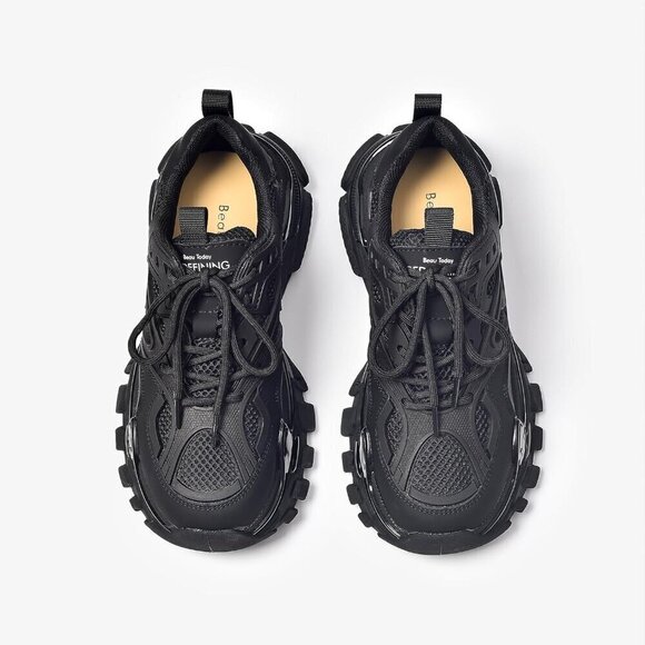 Women Black Chunky Sneakers Casual Lace-up Walking Shoes - Picture 2 of 7